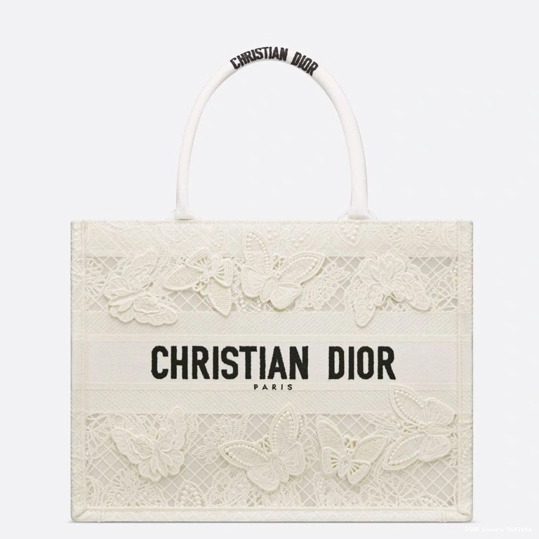 D-Lace Canvas Butterfly White Tote Motif Book Dior 0718 Luxury